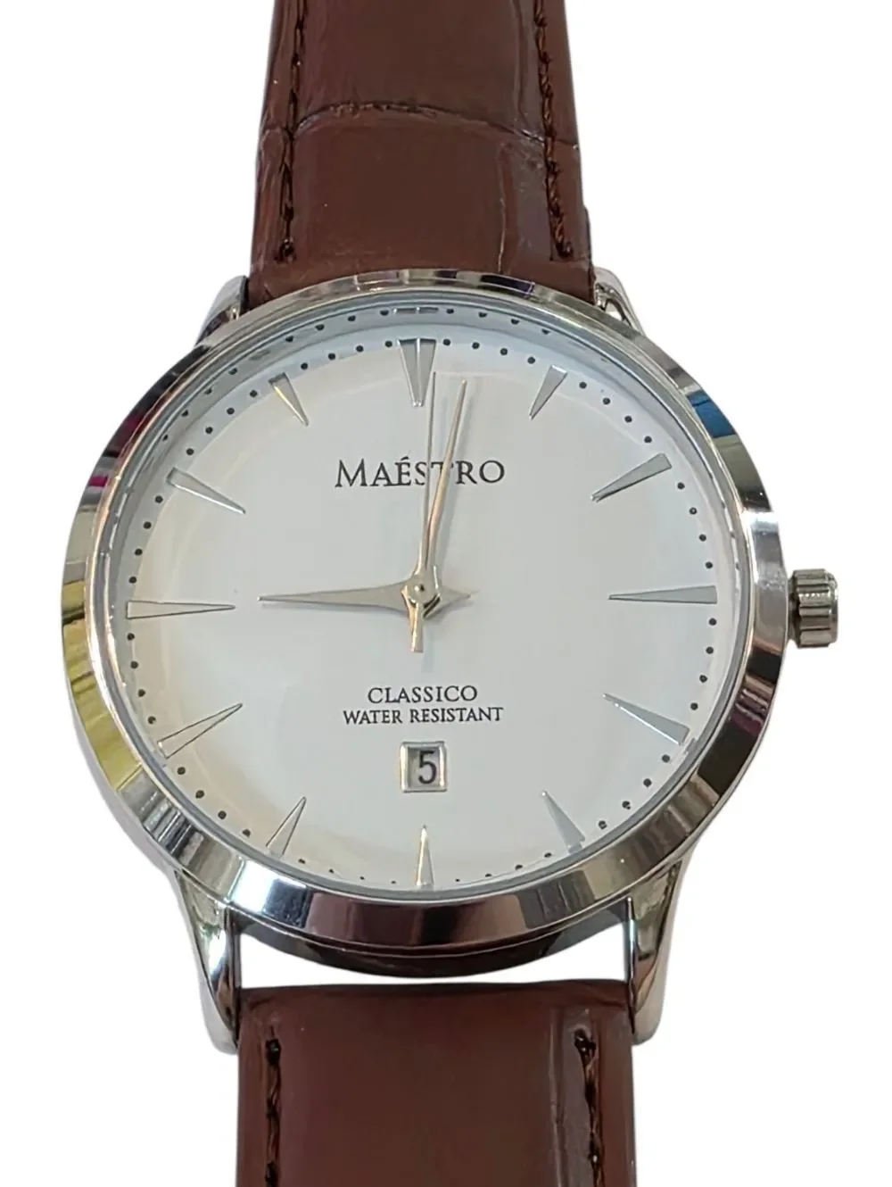 Maéstro Classic Silver Dial Watch with Brown Leather Strap